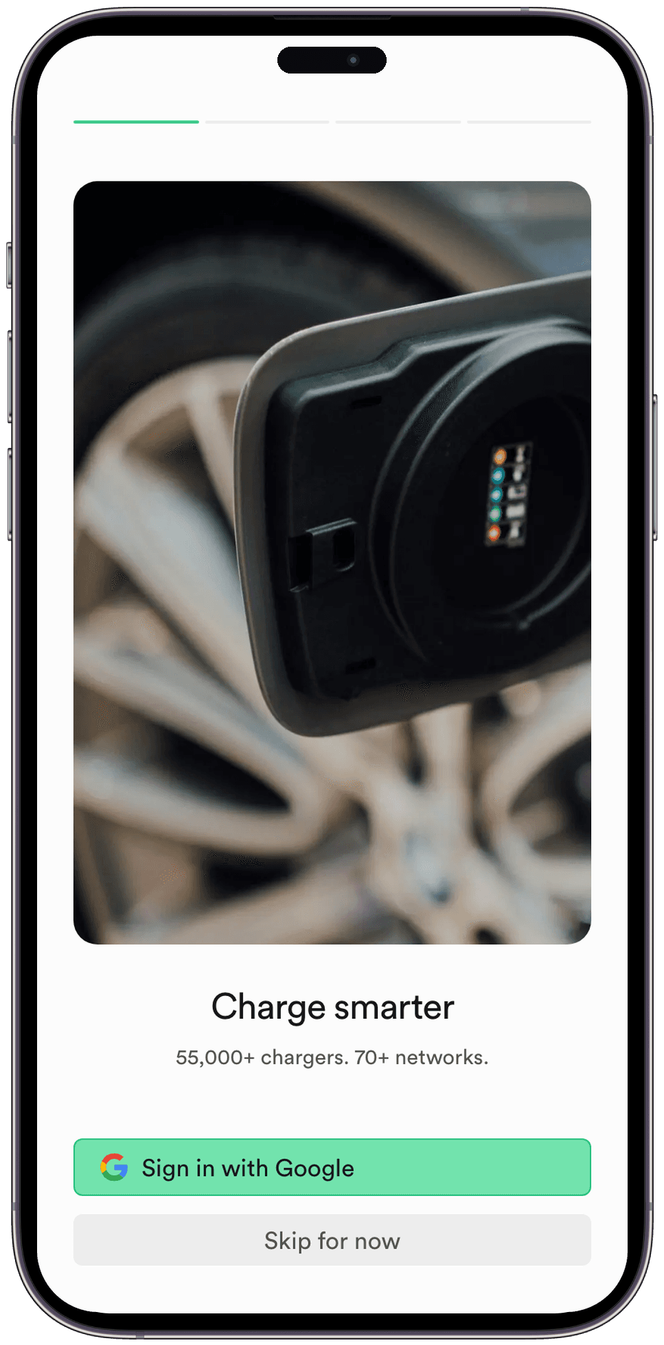 Smartphone showing the easyplug onboarding screen with Charge smarter, 55,000+ chargers, and Sign in with Google.