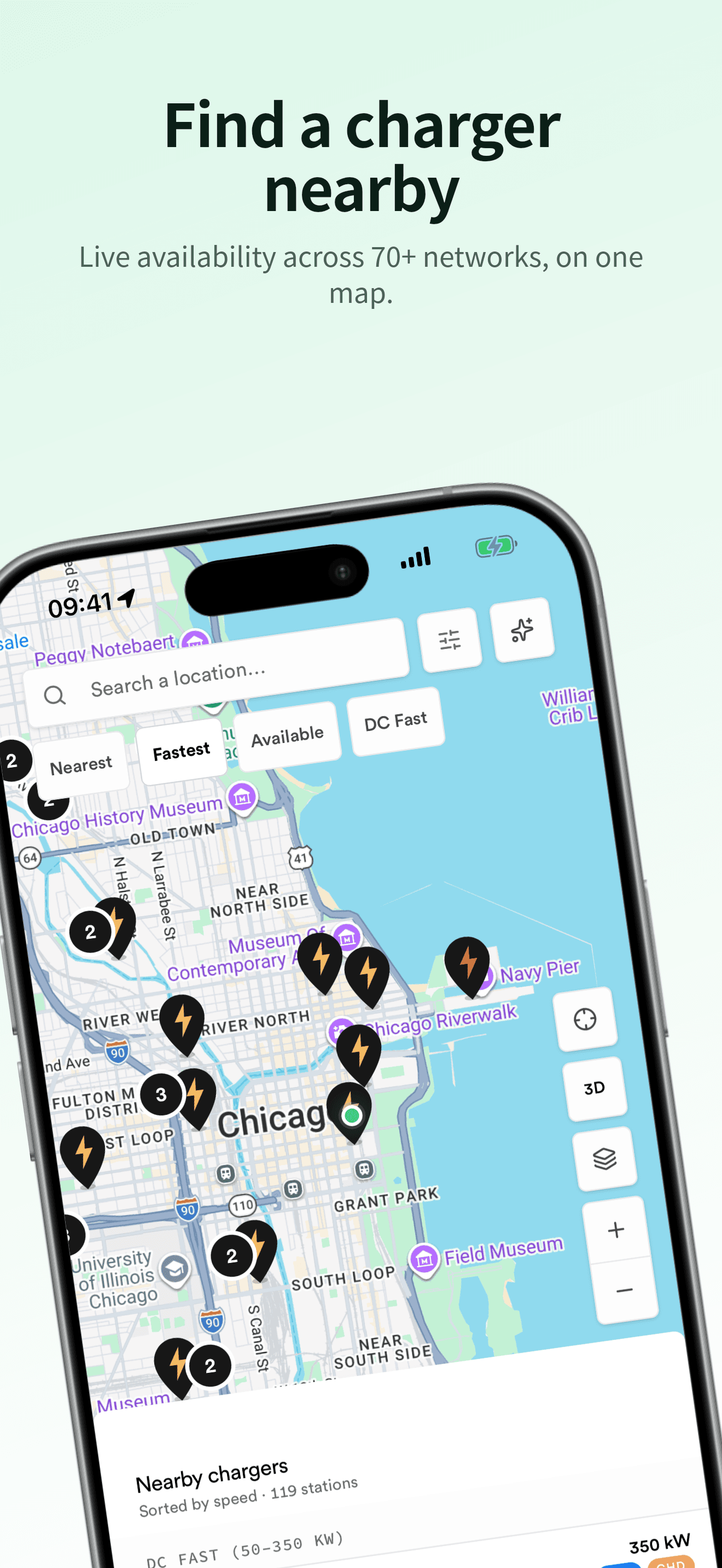 Find a charger nearby: the easyplug map with live charger pins across a city and a nearby-chargers list sorted by speed.