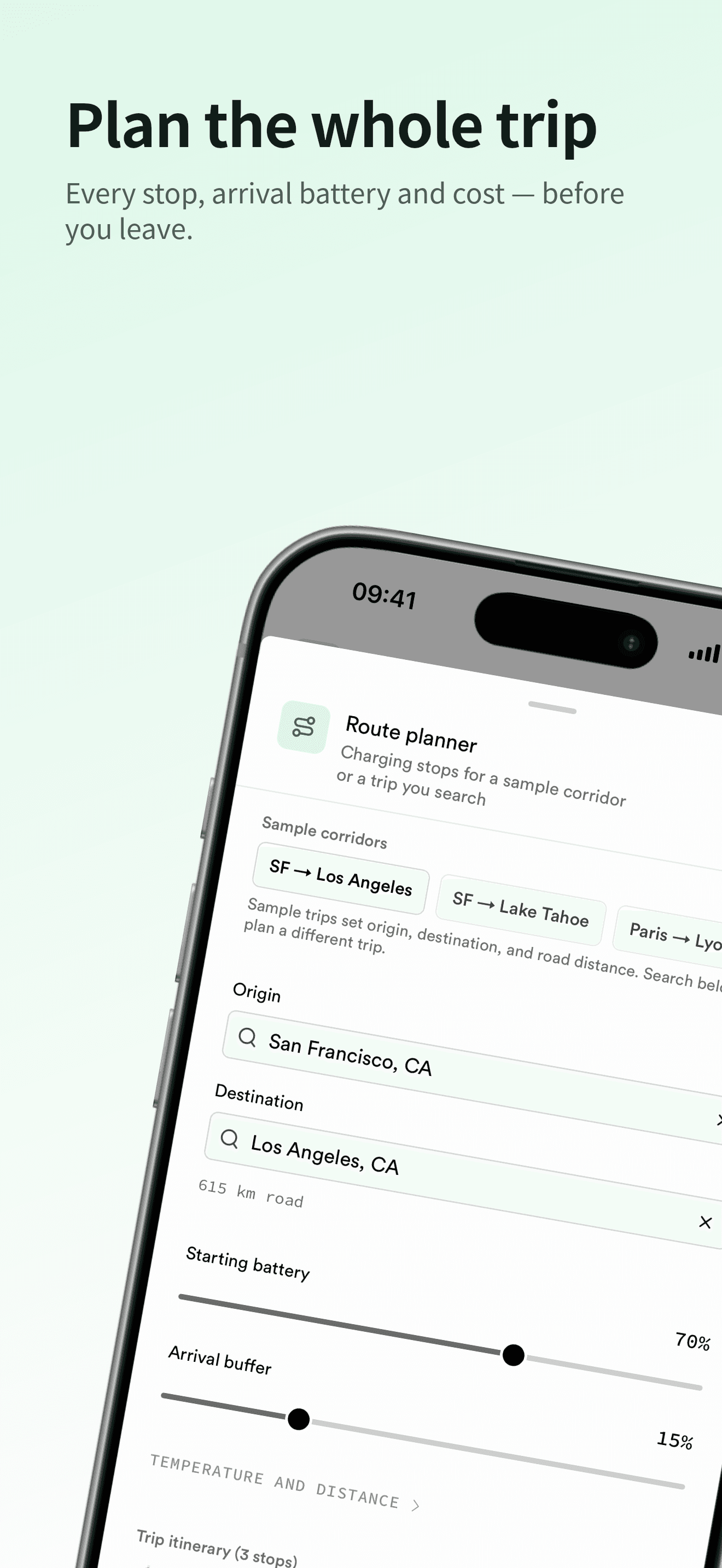 Plan the whole trip: the route planner with origin, destination, starting battery, arrival buffer, and a charging-stop itinerary.